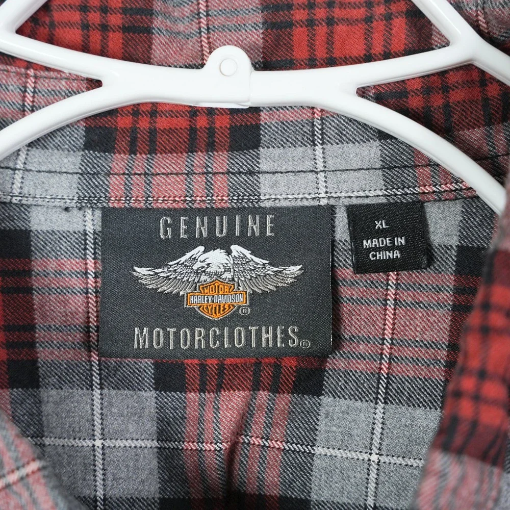 Harley-Davidson Mens XL Red Gray Plaid‎ Flannel Button Up Shirt 96113-20VM Logo